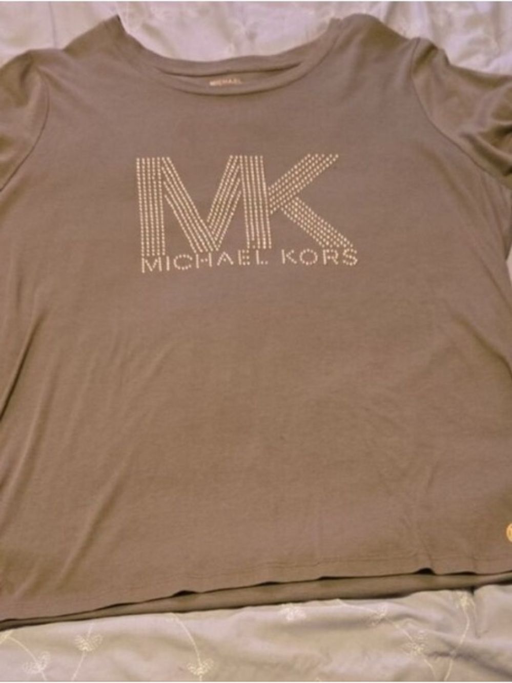 🛍️ Michael Kors Taupe Jeweled MK Logo Tee